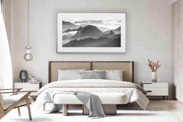decorating a room in a renovated swiss chalet - panoramic mountain picture large size - Panoramic picture to frame from bernese alps and Muveran to Jungfrau. in black and white