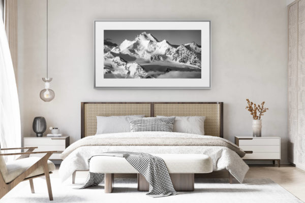 decorating a room in a renovated swiss chalet - large panoramic mountain photo - crossing the nadelgrat - mountains above grächen - sunrise on the alps - mountains with snow - the most beautiful 4000 of the alps