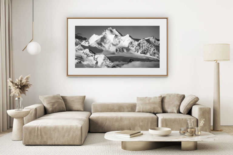 décoration salon clair rénové - photo montagne grand format - traversée nadelgrat - montagnes au dessus de grächen - lever de soleil sur les alpes - montagne avec neige - les plus beaux 4000 des alpes
