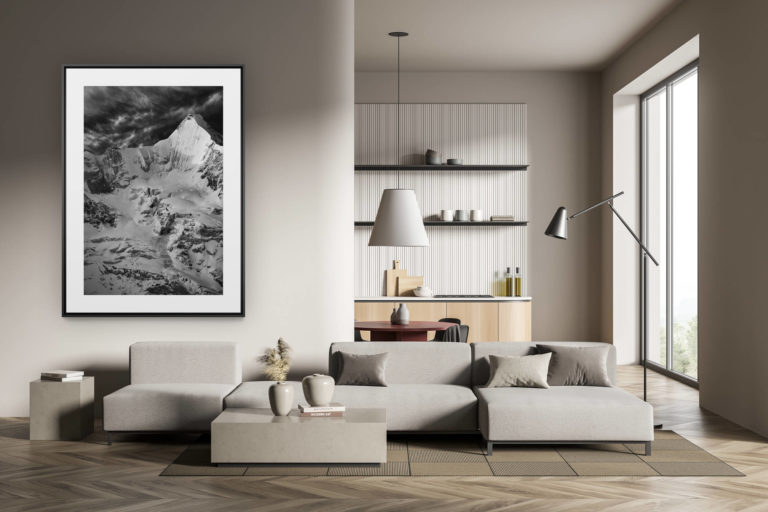 déco tendance salon moderne - photo montagne noir et blanc grand format - Obergabelhorn face nord vue Val d'Anniviers
