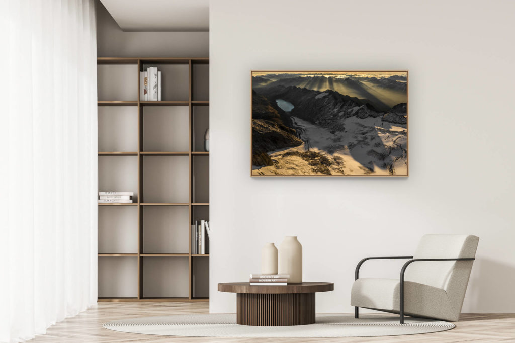 décoration appartement moderne - art déco design - Panorama de montagne dans les Alpes Bernoises en Suisse - Vue aérienne en lever de soleil sur les montagnes rocheuses enneigées et d'un lac en montagne - Oberaar