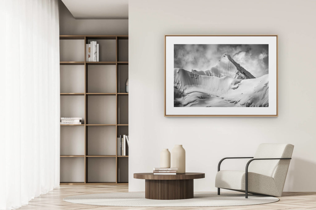 déco tendance salon moderne - photo montagne noir et blanc grand format - Val d'Anniviers - photo de neige en montagne Obergabelhorn