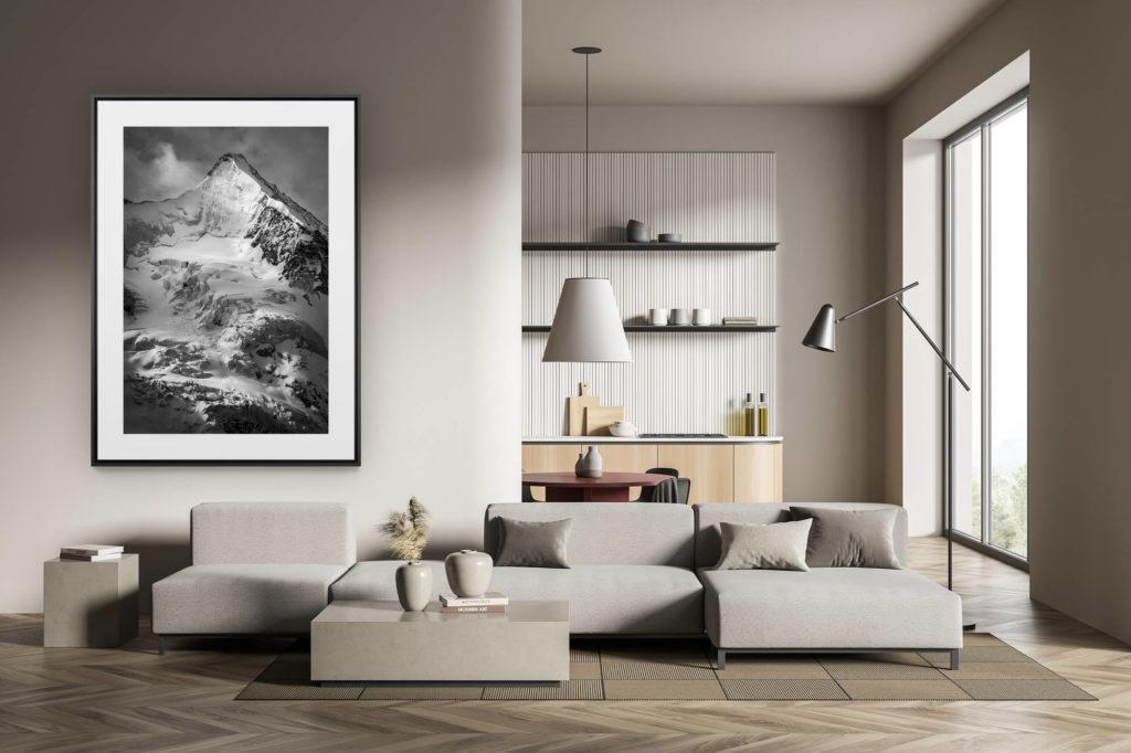 déco tendance salon moderne - photo montagne noir et blanc grand format - Photo montagne Obergabelhorn - Sommet des alpes suisses