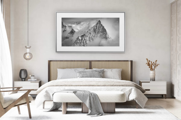 decorating a room in a renovated Swiss chalet - large format panoramic mountain photo - The Obergabelhorn - Arbengrat - panoramic mountain photo in black and white - mountain photographer