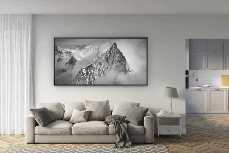 déco salon rénové - tendance photo montagne grand format - Obergabelhorn - Arbengrat - photo de montagne panoramique en noir et blanc - photographe montagne