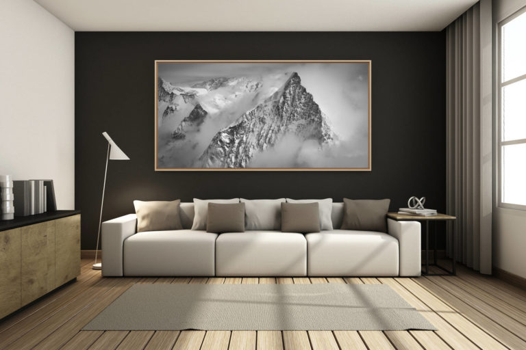déco salon chalet rénové de montagne - photo montagne grand format -  - Obergabelhorn - Arbengrat - photo de montagne panoramique en noir et blanc - photographe montagne