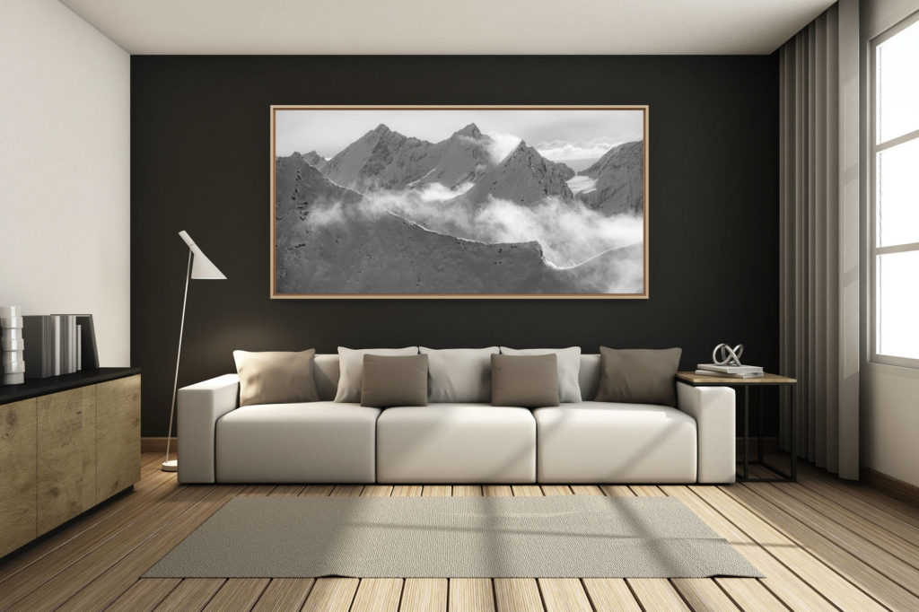 renovated mountain chalet living room - large mountain photo - - Zermatt Valais - black and white mountain photo - Taschhorn - Obergabelhorn - Dom Mischabels