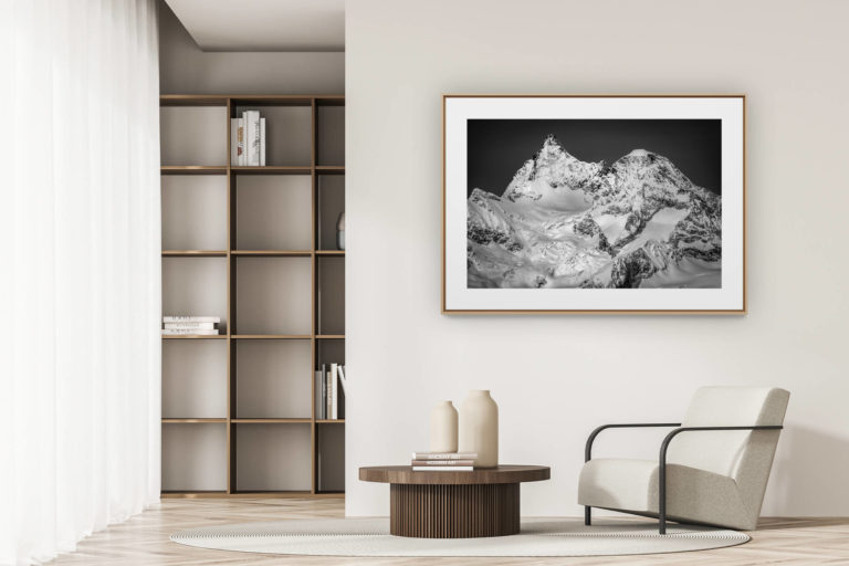 déco tendance salon moderne - photo montagne noir et blanc grand format - images montagnes Valais Suisse Zermatt - Obergabelhorn Wellenkupe