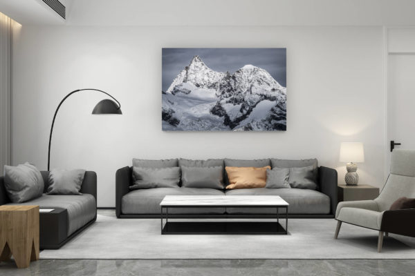 décoration salon contemporain suisse - cadeau amoureux de montagne suisse - Obergabelhorn Wellenkupe - paysage de montagne sous la neige  à Zermatt - Alpes Valaisannes et voie normale de l'Obergabelhorn