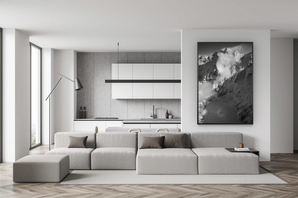 swiss living room wall decoration - black and white mountain picture - trendy dining room decoration - Oeschinensee - Mountain winter picture - Framing a black and white mountain picture for a chalet