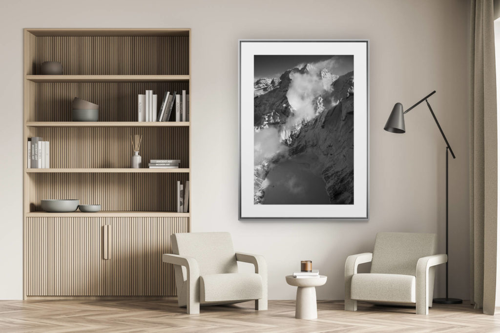 living room wall decoration - black and white mountain picture swiss alps - Oeschinensee - Mountain winter picture - Framing a black and white mountain picture for a chalet