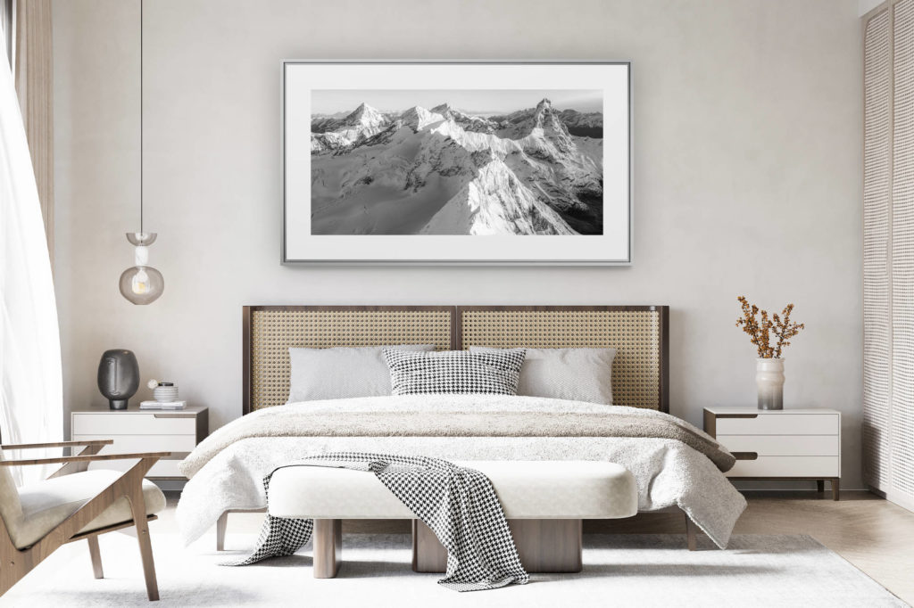 déco chambre chalet suisse rénové - photo panoramique montagne grand format - Zermatt panorama noir et blanc - Cervinia italie