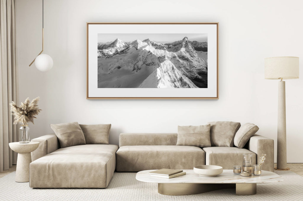 décoration salon clair rénové - photo montagne grand format - Zermatt panorama noir et blanc - Cervinia italie