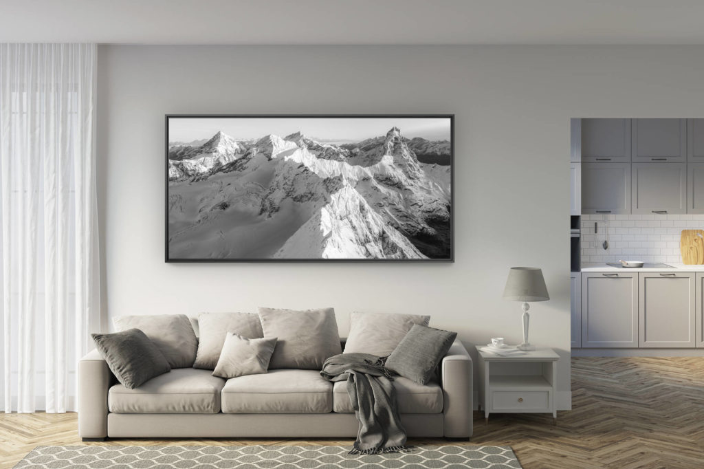 déco salon rénové - tendance photo montagne grand format - Zermatt panorama noir et blanc - Cervinia italie