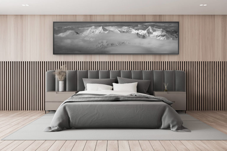 photo montagne noir et blanc - décoration chambre adulte - décoration chalet de montagne - poster panoramique montagne 4000s de Saas Fee et de Zermatt dans une mer de nuage - vallée de l'Engadine