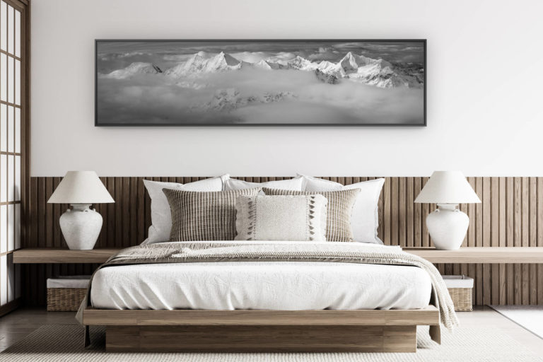 décoration chambre adulte moderne - photo de montagne grand format - poster panoramique montagne 4000s de Saas Fee et de Zermatt dans une mer de nuage - vallée de l'Engadine