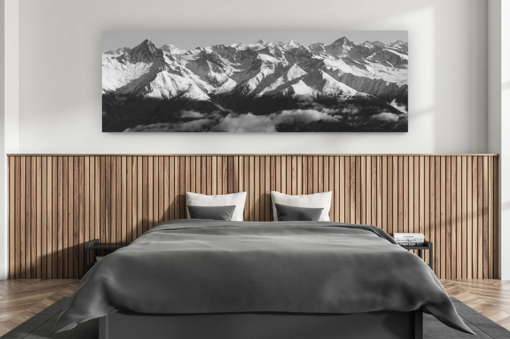 décoration murale chambre adulte moderne - intérieur chalet suisse - photo montagnes grand format alpes suisses - Panorama montagne - vue panoramique noir et blanc des Alpes Suisses Bernoises en Engadine proche de Zermatt
