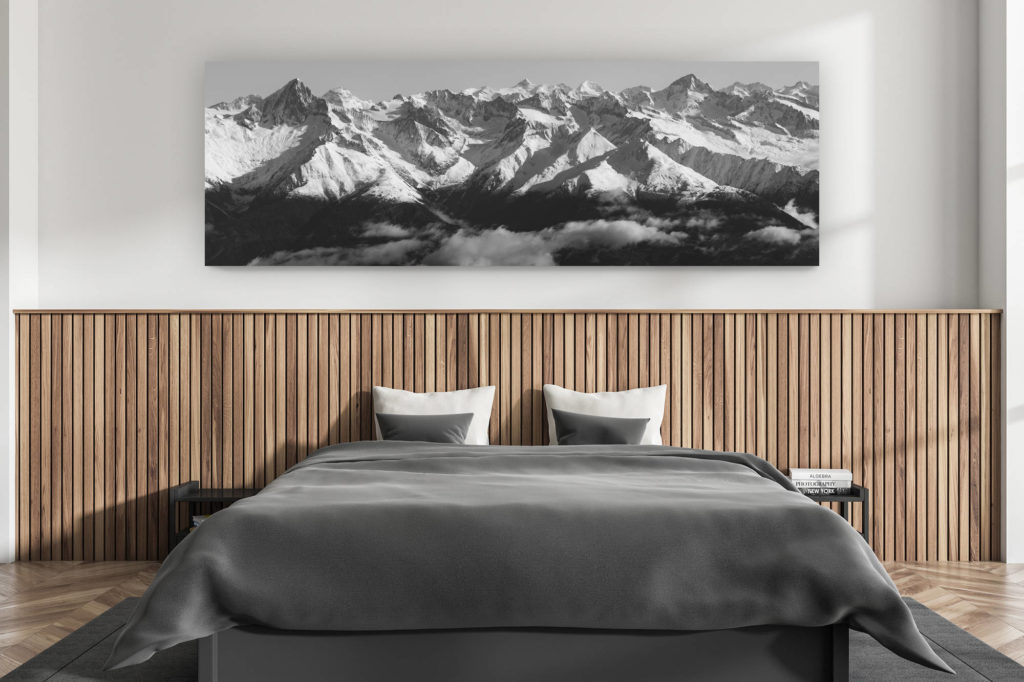 modern adult bedroom wall decor - swiss chalet interior - large size mountain picture swiss alps - mountain panorama - black and white panoramic view of the Swiss Alps in Engadin near Zermatt