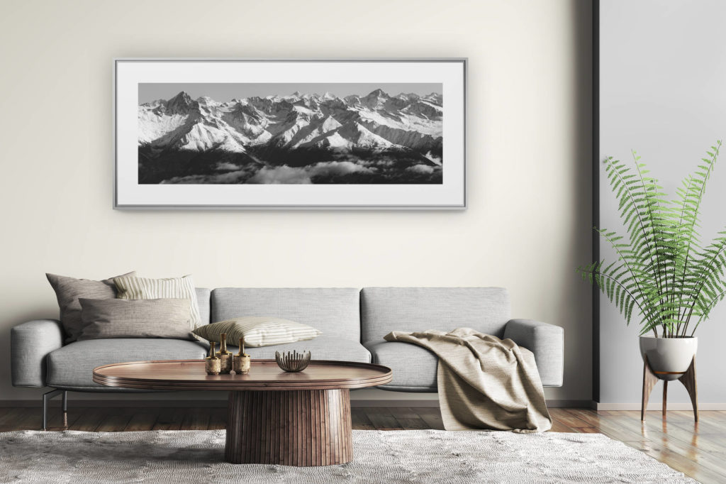 large size mountain picture - modern living room wall decoration - Mountain panorama - black and white panoramic view of the Swiss Bernese Alps in Engadin near Zermatt