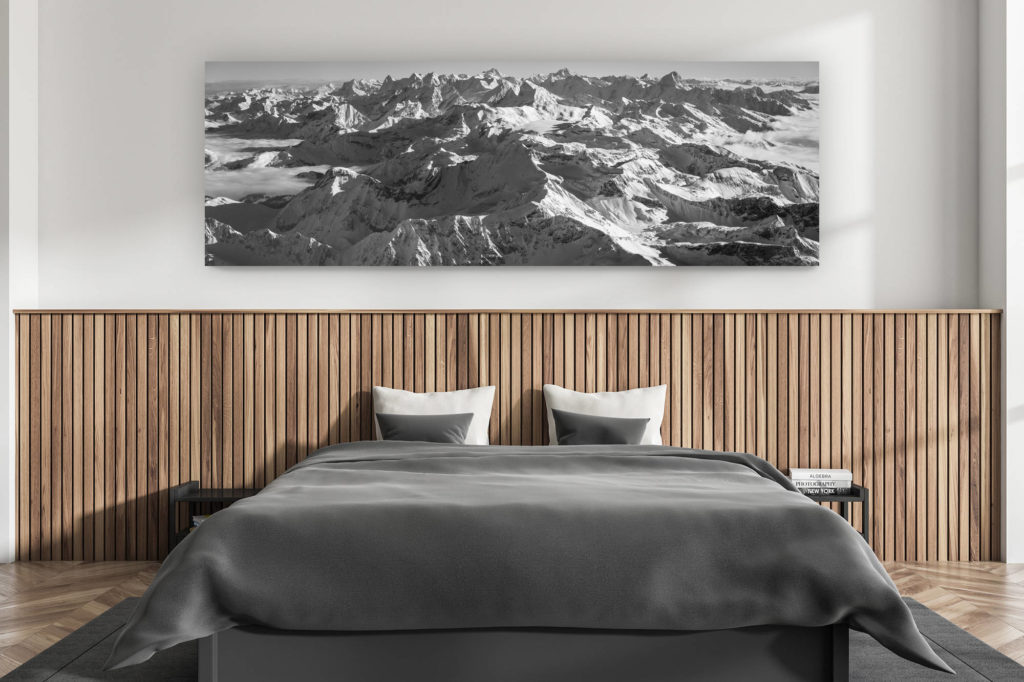 décoration murale chambre adulte moderne - intérieur chalet suisse - photo montagnes grand format alpes suisses - Photo panoramique des Alpes bernoises - Vue depuis les Diablerets (Glacier 3000) sur les alpes bernoises - Photo noir et blanc des Alpes du Nord