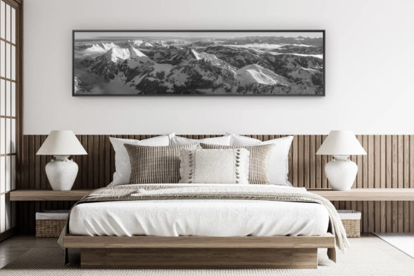 modern adult bedroom decoration - large mountain picture - Winter panorama on the Fribourg pre-Alps - View on the snowy Fribourg pre-Alps mountains