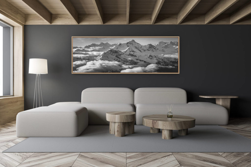 décoration salon chalet moderne - intérieur petit chalet suisse - photo montagne noir et blanc grand format - Panorama des alpes suisses en noir et blanc à encadrer - Mer de nuages sur les sommets enneigées de val d'Anniviers et Saas-Fee