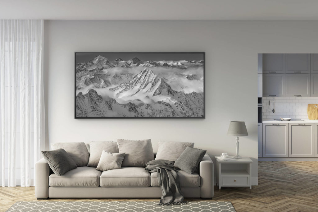 renovated living room - trendy mountain photo large size - Panorama Swiss Alps - Panoramic view of mountain to frame valleys of Zermatt, Anniviers and Hérens