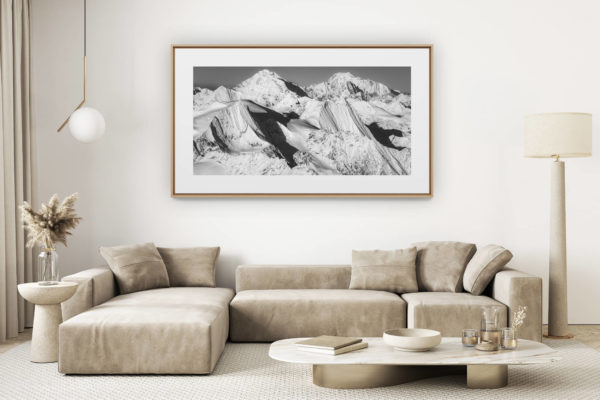 décoration salon clair rénové - photo montagne grand format - Panorama Mont Blanc et montagne suisse - sommet montagne du val d'Hérens- Verbier - les Combins - Massif du Mont-Blanc- Image paysage montagne neige