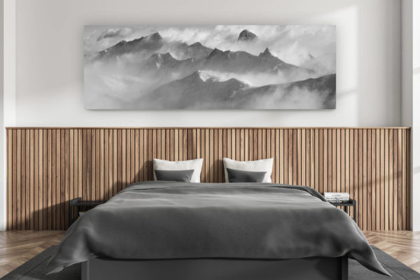 modern adult bedroom wall decor - swiss chalet interior - large format mountain photos swiss alps - Panorama of summits mountains of the Valais Alps in black and white in a sea of clouds - Crans Montana - Arolla- Dent Blanche - Val d&#039;Hérens