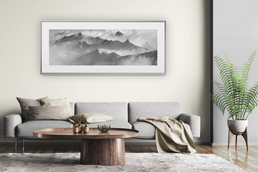 large format mountain painting - modern living room wall decor - Panorama of summits mountains of the Valais Alps in black and white in a sea of clouds - Crans Montana - Arolla- Dent Blanche - Val d&#039;Hérens