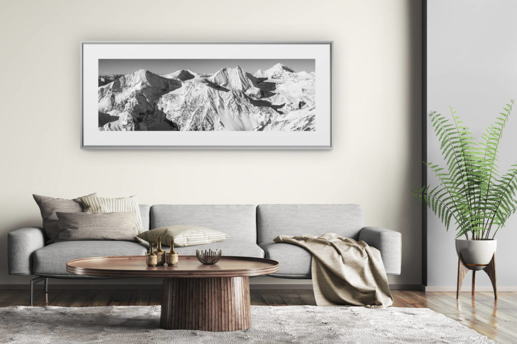 tableau montagne grand format - décoration murale salon moderne - Arolla - Panorama montagne suisse en noir et blanc - encadrement photo