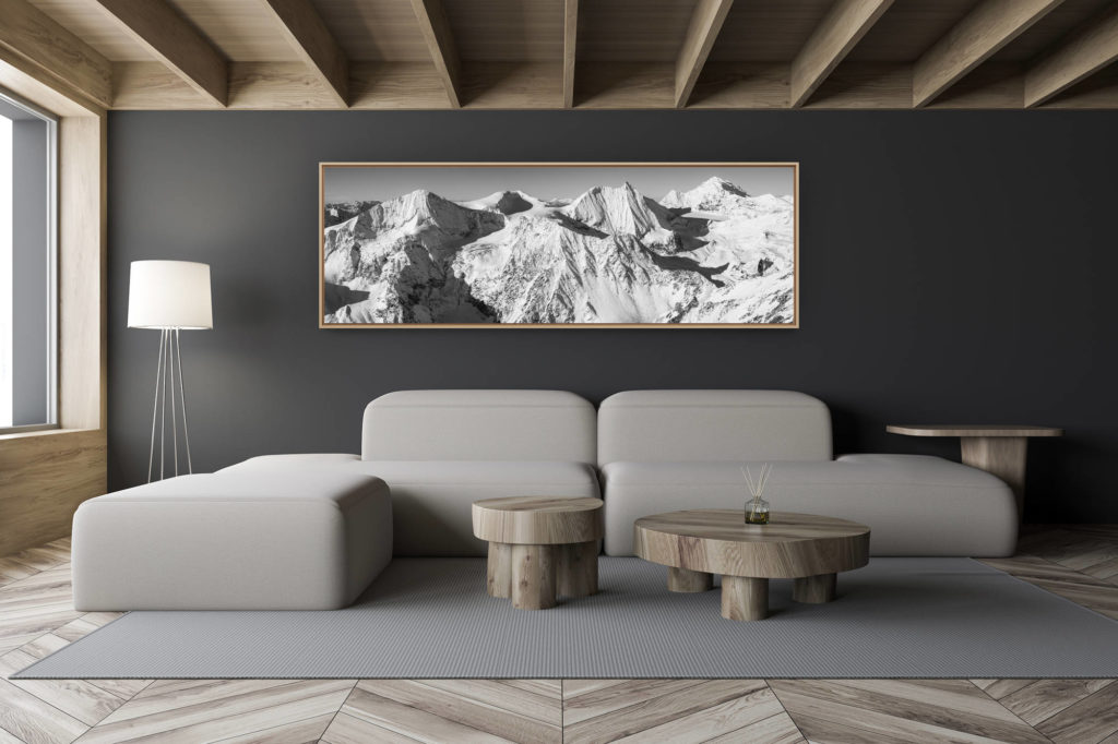 décoration salon chalet moderne - intérieur petit chalet suisse - photo montagne noir et blanc grand format - Arolla - Panorama montagne suisse en noir et blanc - encadrement photo