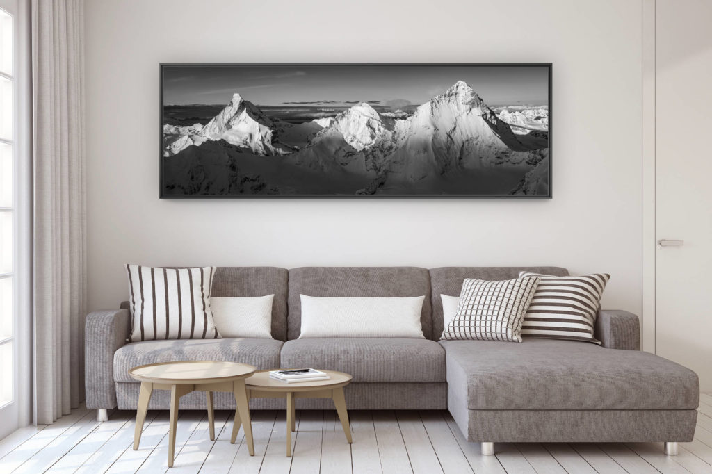 décoration murale design salon moderne - photo montagne grand format - lever soleil sur montagne suisse - photo panoramique sur les alpes - montagne avec neige - couronne impériale de zinal