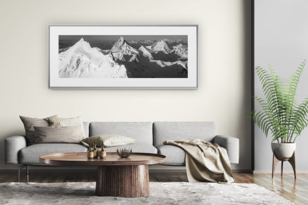 tableau montagne grand format - décoration murale salon moderne - Photo montagnes de Zermatt noir et blanc - Arête nord du Weisshorn