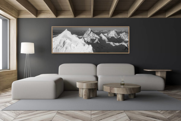 décoration salon chalet moderne - intérieur petit chalet suisse - photo montagne noir et blanc grand format - Photo montagnes de Zermatt noir et blanc - Arête nord du Weisshorn