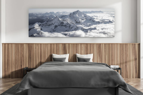 modern adult bedroom wall decor - swiss chalet interior - large size mountain picture swiss alps - Black and white panoramic picture of the Imperial Crown in the Alps