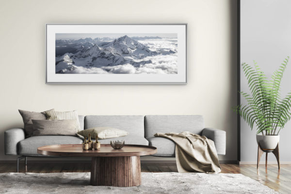 tableau montagne grand format - décoration murale salon moderne - Tableau photo panoramique noir et blanc de la couronnes Impériale dans les Alpes