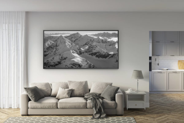 déco salon rénové - tendance photo montagne grand format - Poster panoramique noir et blanc des montagnes des Alpes du Valais - val d'Hérens, Val d'Anniviers, Zermatt et Saas-Fee