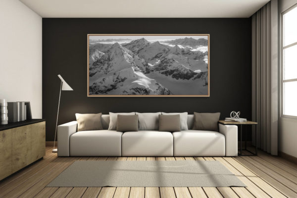 déco salon chalet rénové de montagne - photo montagne grand format -  - Poster panoramique noir et blanc des montagnes des Alpes du Valais - val d'Hérens, Val d'Anniviers, Zermatt et Saas-Fee