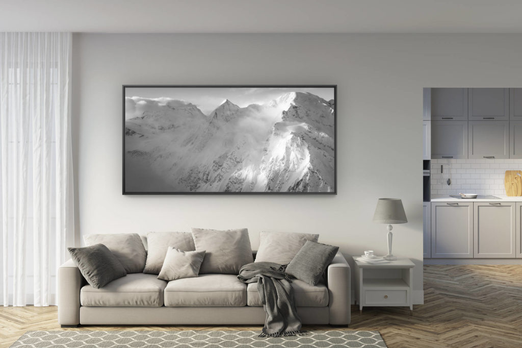 déco salon rénové - tendance photo montagne grand format - photo montagne panoramique des Combins- Panorama montagne suisse en noir et blanc