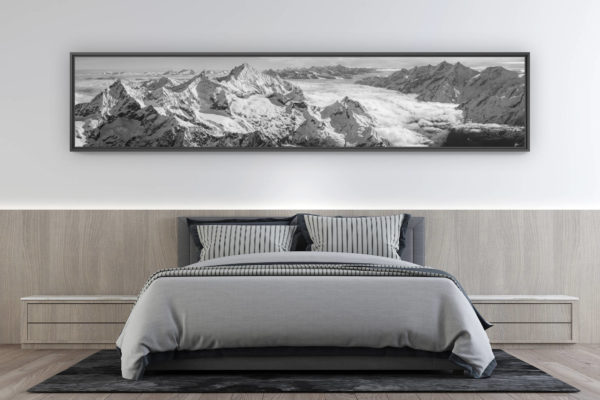 photo de montagne grand format  - décoration intérieur chambre moderne - Alpes bernoises Mont Cervin - tableau photo panoramique en noir et blanc de montagne