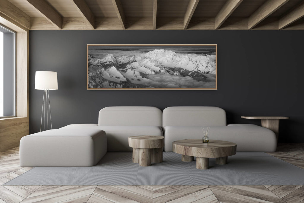 décoration salon chalet moderne - intérieur petit chalet suisse - photo montagne noir et blanc grand format - Photo panoramique sur les Cornettes de Bise dans le Chablais - Photo frontière entre Suise/France au dessus de Torgon et Châtel