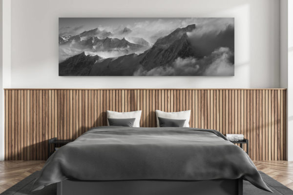 décoration murale chambre adulte moderne - intérieur chalet suisse - photo montagnes grand format alpes suisses - Panorama montagne Grand Combin - tableau photo noir et blanc montagne des Alpes Valaisannes