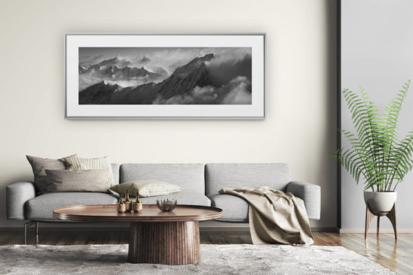 tableau montagne grand format - décoration murale salon moderne - Panorama montagne Grand Combin - tableau photo noir et blanc montagne des Alpes Valaisannes