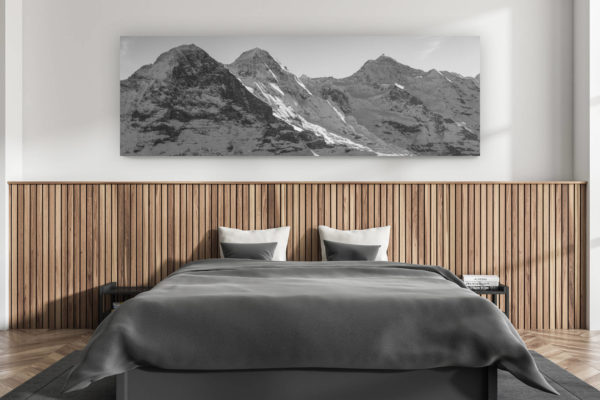 wall decorations for adult room - interior swiss chalet - mountain picture large size swiss alps - Mountain panorama to frame from Grindelwald - Mountain picture in Winter fromEiger - Monch - Jungfrau - the Ogre, the Monk and the Young Woman