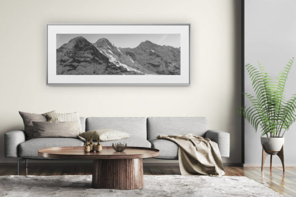 tableau montagne grand format - décoration murale salon moderne - Panorama de montagne à encadrer de Grindelwald - Photo de montagne en Hiver de l'Eiger - Monch - Jungfrau - l'Ogre, le Moine et la Jeune Femme