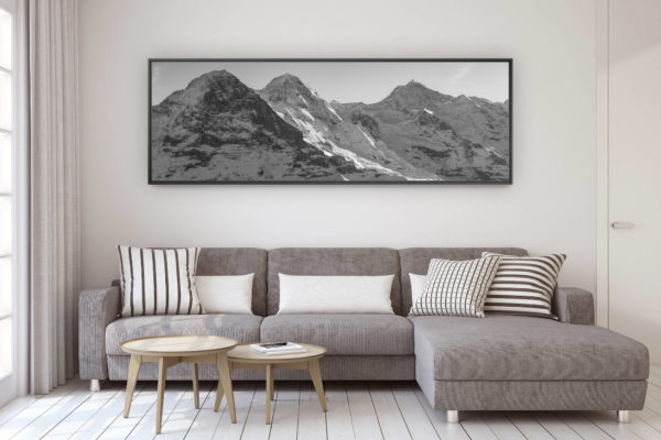 décoration murale design salon moderne - photo montagne grand format - Panorama de montagne à encadrer de Grindelwald - Photo de montagne en Hiver de l'Eiger - Monch - Jungfrau - l'Ogre, le Moine et la Jeune Femme