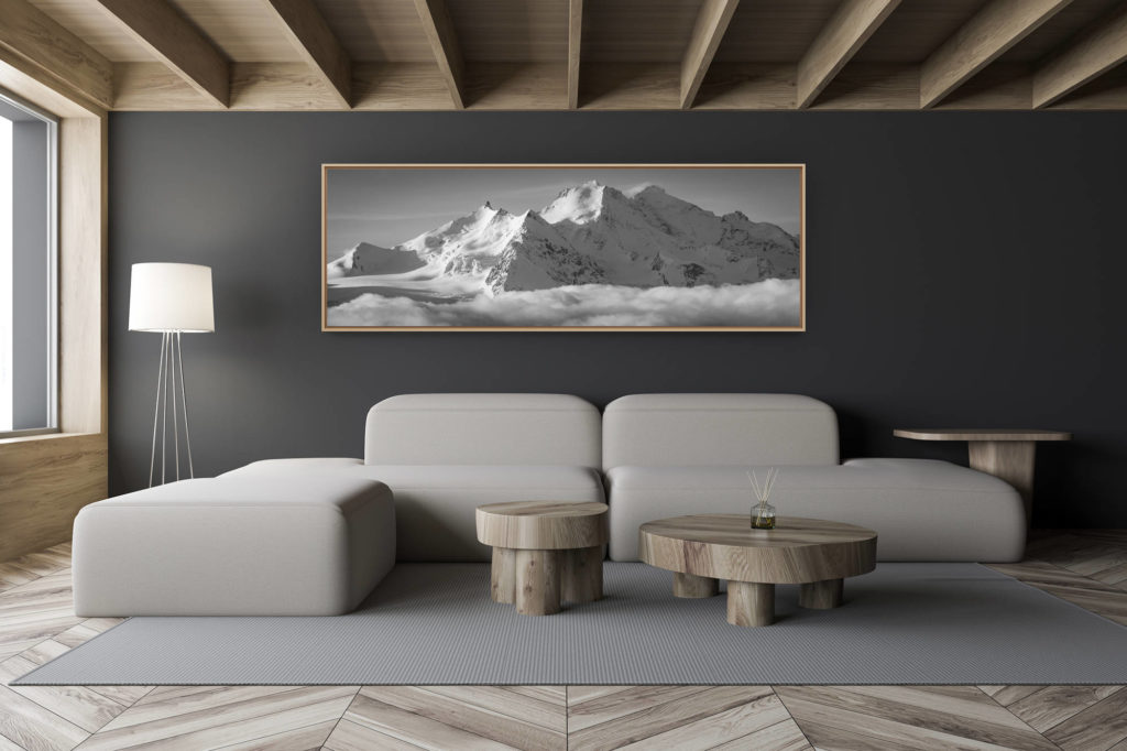 décoration salon chalet moderne - intérieur petit chalet suisse - photo montagne noir et blanc grand format - Paysage panorama Mischabels noir et blanc - image de montagne panoramique Saas Fee