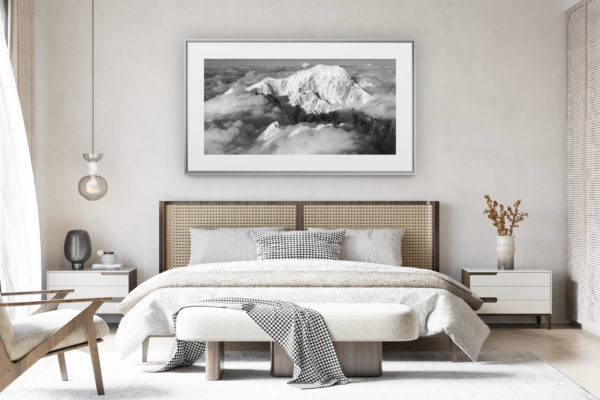 decorating a room in a renovated swiss chalet - large format panoramic mountain photo - black and white mont-blanc panorama