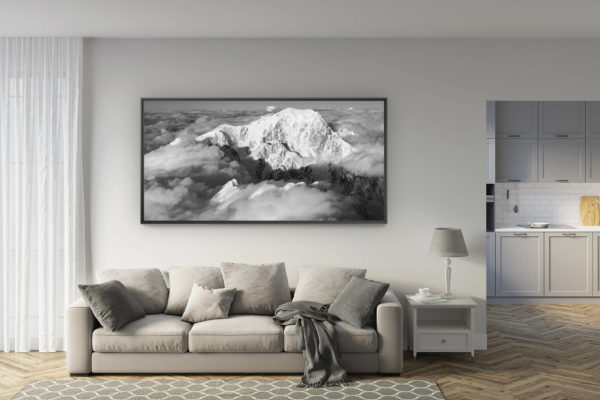 déco salon rénové - tendance photo montagne grand format - Panorama mont-blanc noir et blanc